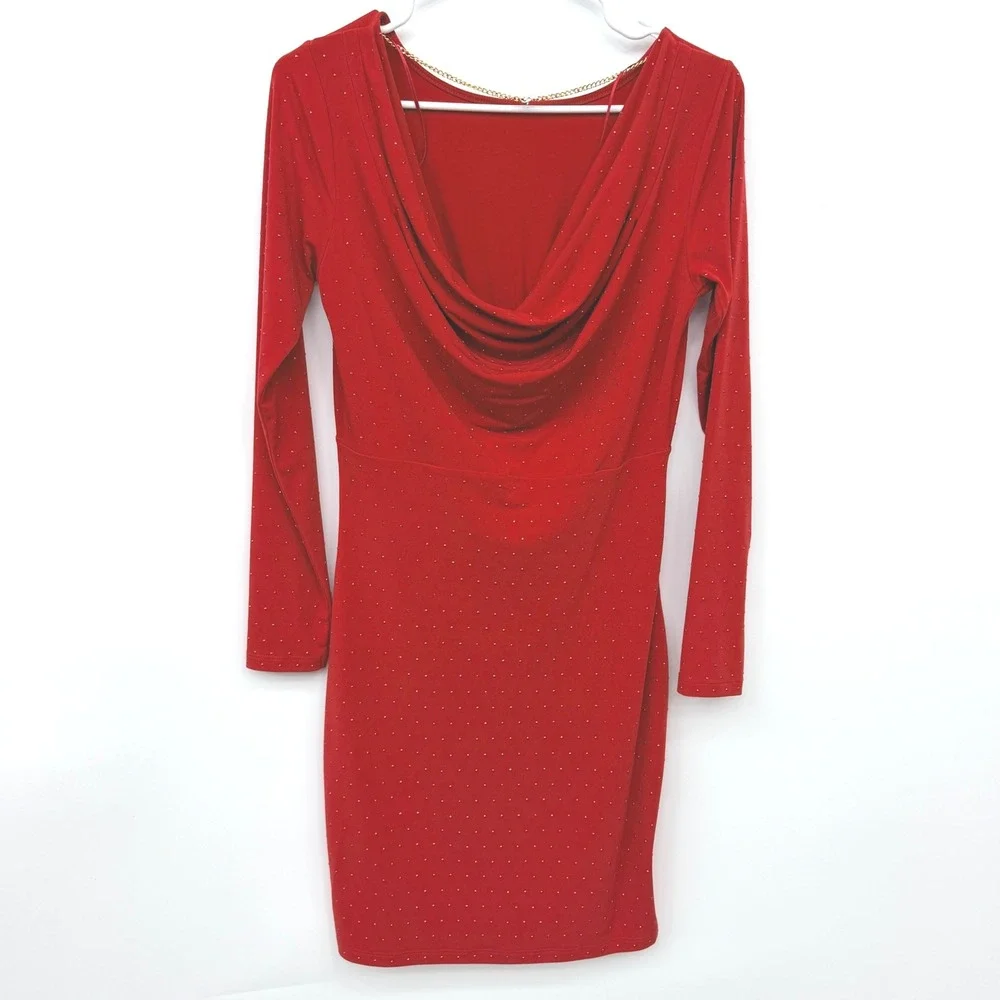 Michael Kors Long Sleeve Studded Drape‎ Back Bodycon Mini Dress Womens XS Red